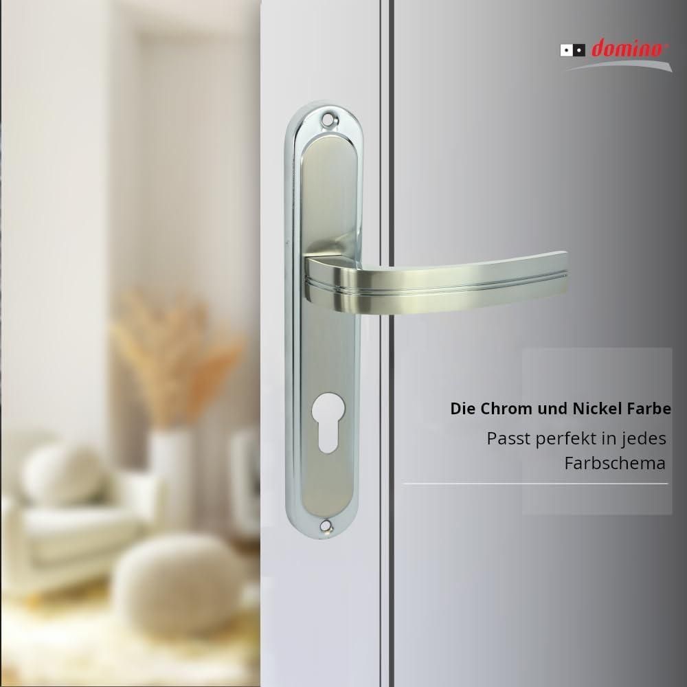 DOMINO Türgriff 72 Drückergarnitur PZ - Profilzylinder Set | Türklinke für Zimmertür, Bürotür, Kellertür & Innentür | L-Form | Türbeschläge aus Aluminiuml | Chrom Nickel Türdrückergarnitur  DEKAN M6/M9