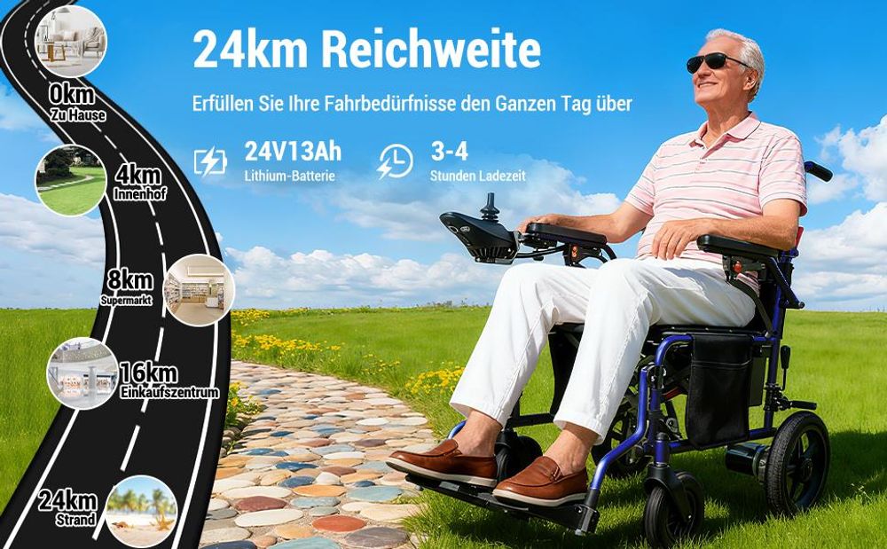 Elektrorollstuhl faltbar mit Joystick, Faltrollstuhl für Erwachsene, Armlehnen, Fußstützen, Sicherheitsgurt, bis 150 kg, Pflegealltag
