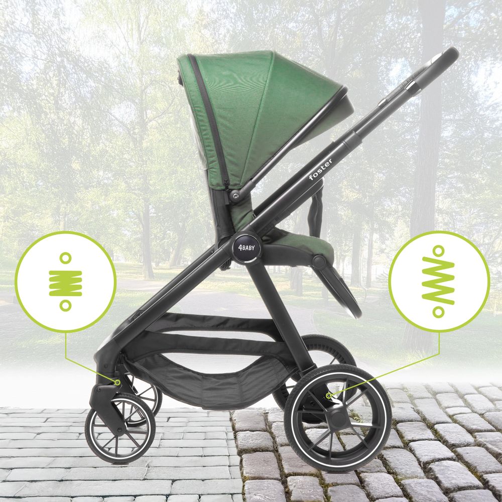 4Baby | Wózek spacerowy - Zielony - Obrotowe siedzisko - Lekki - Do użytku w mieście i w terenie - Składany jedną ręką - Do 22 kg - Foster