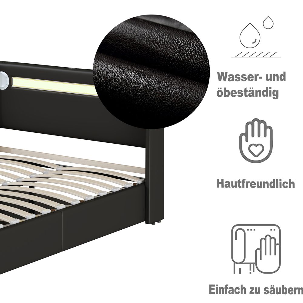 Flieks Polsterbett 90x200cm mit USB und Bluetooth-Player, Boxspringbett Einzelbett mit LED und Lattenrost, Stauraumbett Jugendbett, PU, Schwarz
