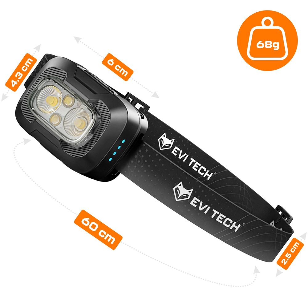 EVI TECH WaveBeam 300 LED Stirnlampe Schwarz Akku USB-C Bewegungssensor 300lm Wasserdicht IP55 Kopflampe mit Rotlicht Outdoor Laufen Camping
