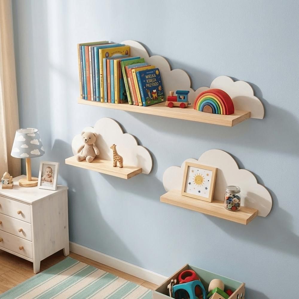 Zestaw 3 drewnianych półek ściennych do pokoju dziecięcego jako dekoracja w kształcie chmurek Verk.design