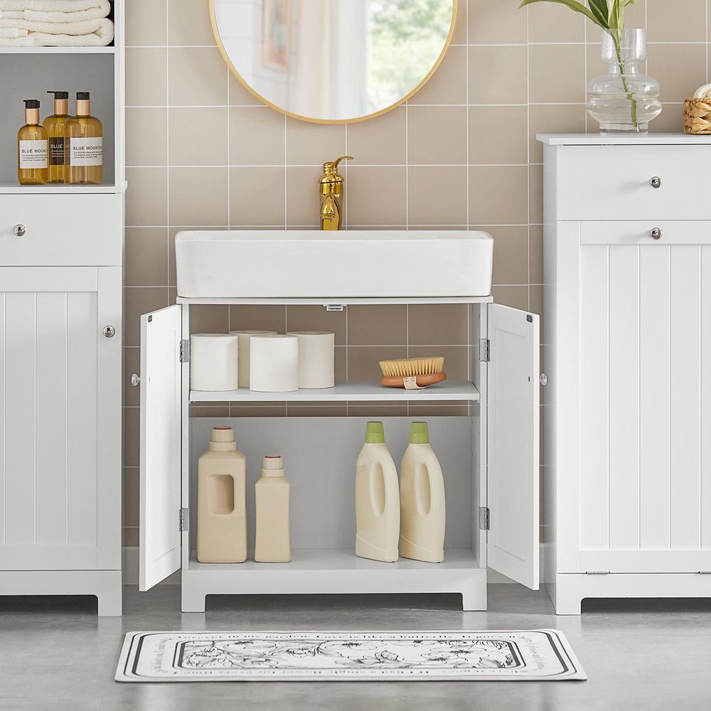 SoBuy Waschbeckenunterschrank - Badschrank mit Türen und verstellbaren Regalböden - Badmöbel aus MDF, Unterschrank für kleines Badezimmer Weiß BZR18-W