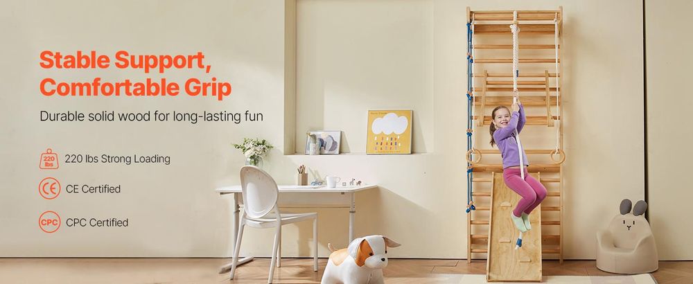 VEVOR Schwedische Leiter Wandgymnastik, 8-in-1 15 Stufen Massivholz Indoor Dschungelgymnastik, 220LBS Wand-Stangen-Kletterspielset mit Wandleiter, Rutschbrett, Klimmzugstange, Gymnastikringen, Schaukelsitz, Seilleiter, 15-lagiger Griffstab