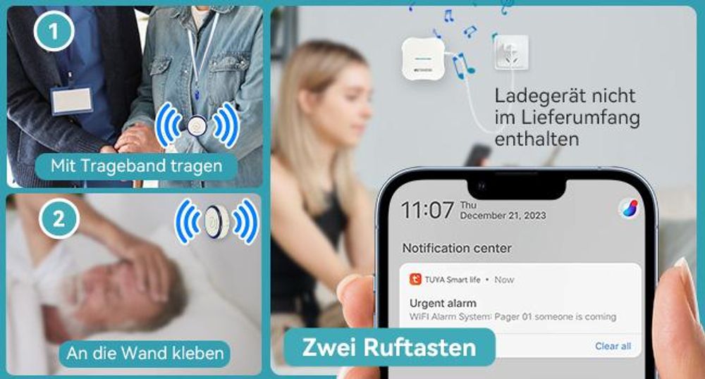Retekess TH011-TH013 WiFi Notrufknopf für Senioren Auf Handy, Alarmknopf für Senioren, Wiederaufladbarer Akku, für ältere Patienten