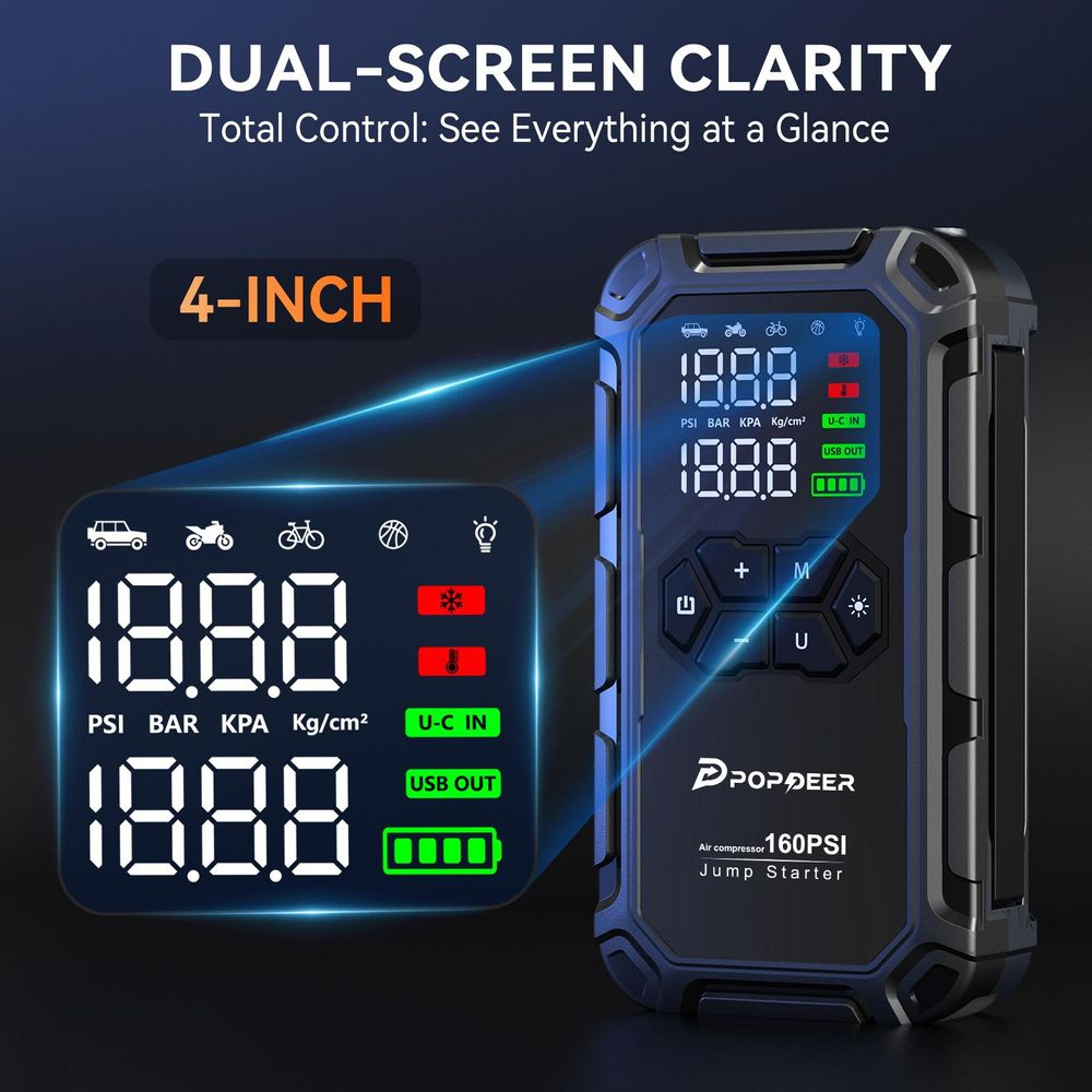 POPDEER PD-JA66 Starthilfegerät 6000 A mit Luftkompressor 160 PSI, für alle Benzin- und 8L-Dieselmotoren, LCD-Display, USB-Anschluss, LED-Leuchte