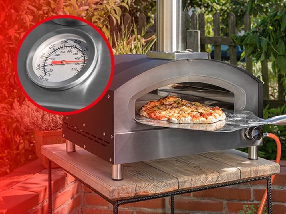Heidenfeld Gas Pizzaofen Venezia | Pizzastein Cordierit - bis zu 500° C - Edelstahl - Pizza Maker - Outdoor Ofen - Thermometer - Steinofen - Silber