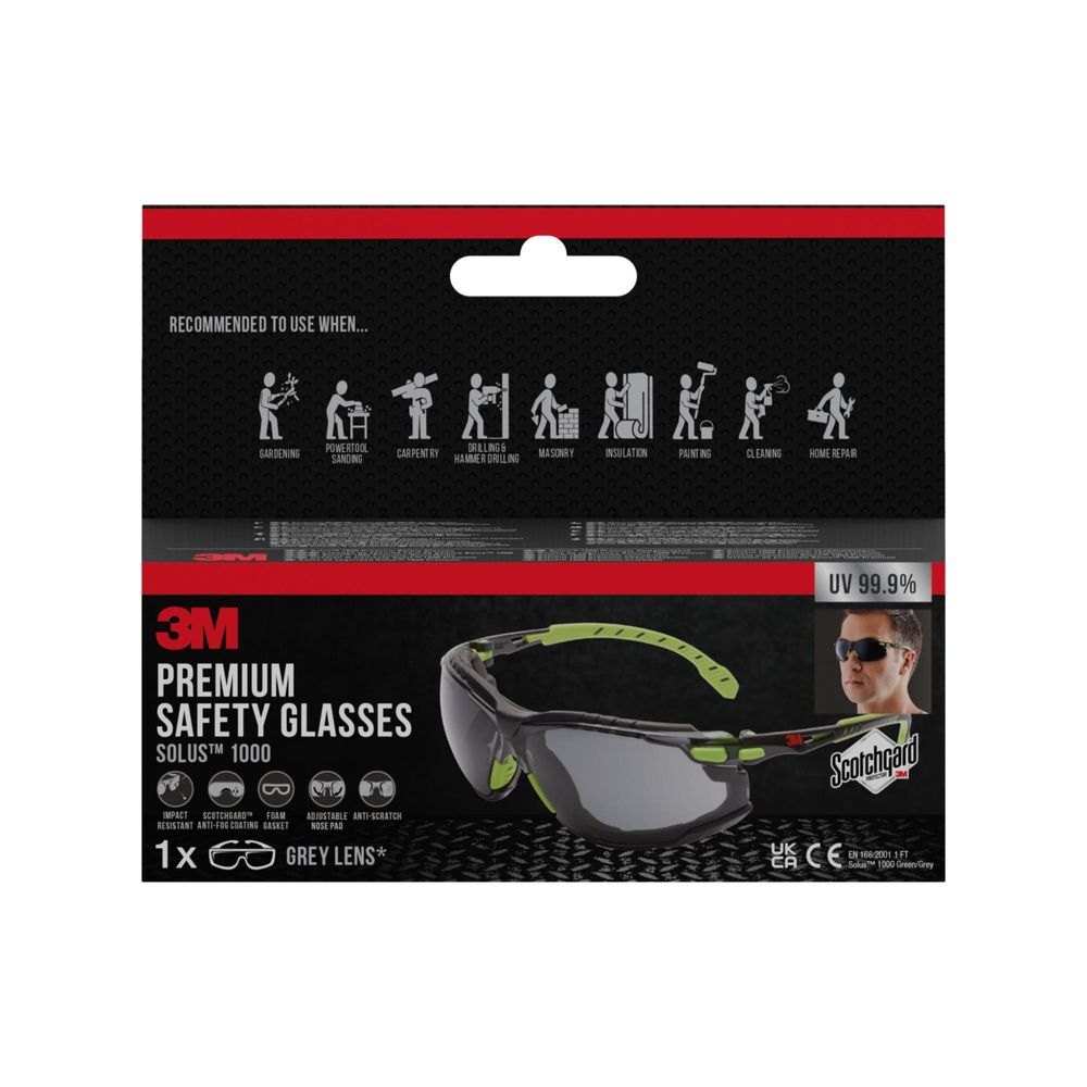 3M™ Solus™ Schutzbrille 1000 Scotchgard™ Protector Antibeschlag-Beschichtung mit aufsteckbarer Schaumstoffdichtung graues Glas