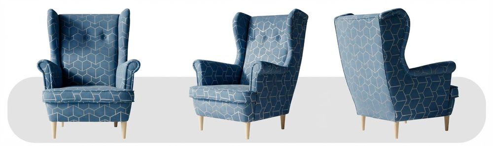 Ohrensessel mit Hocker ARI Design – skandinavisches Set, Velours-Print Blau, Family Meble