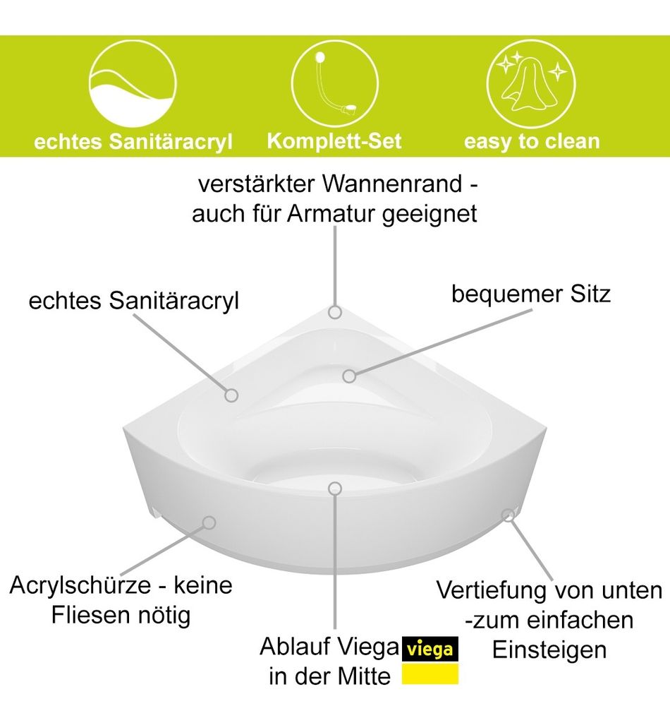 ECOLAM Badewanne Eckbadewanne DINA 140x140 cm + Schürze Eckwanne Acrylwanne symmetrisch echtes Acryl weiß + Ablaufgarnitur Viega Füße Silikon GRATIS