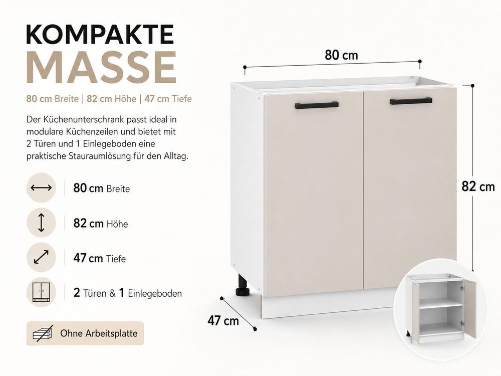Maße des ULWEHOME Küchenunterschranks 80 cm breit 82 cm hoch 47 cm tief