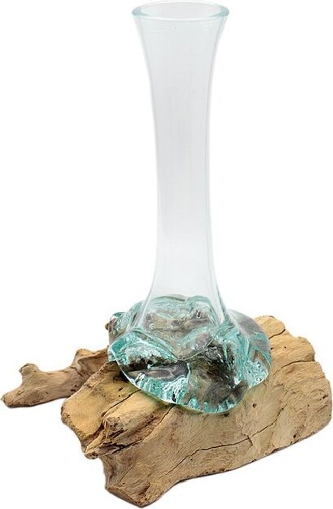 Wurzelholz Designer Vase 35 cm, Wurzelholz Rosenvase Glas, Höhe 35 cm für Einzelblumen (Rosen), Gamal Bouquet Vase , Teakholz Liqva, Wurzelholz Einzelblumenvase, Liqva Vase
