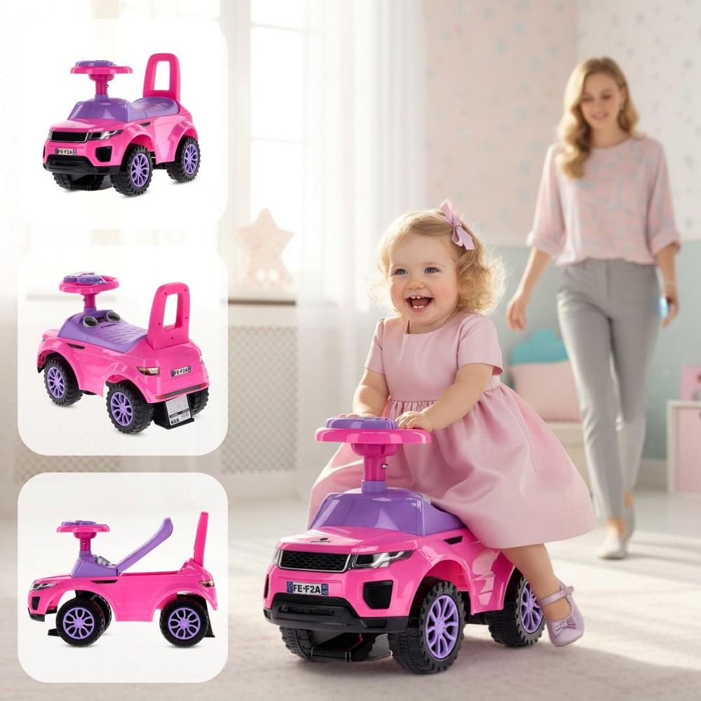 Koláž detailů růžového odrážedla SUN BABY v interiéru.