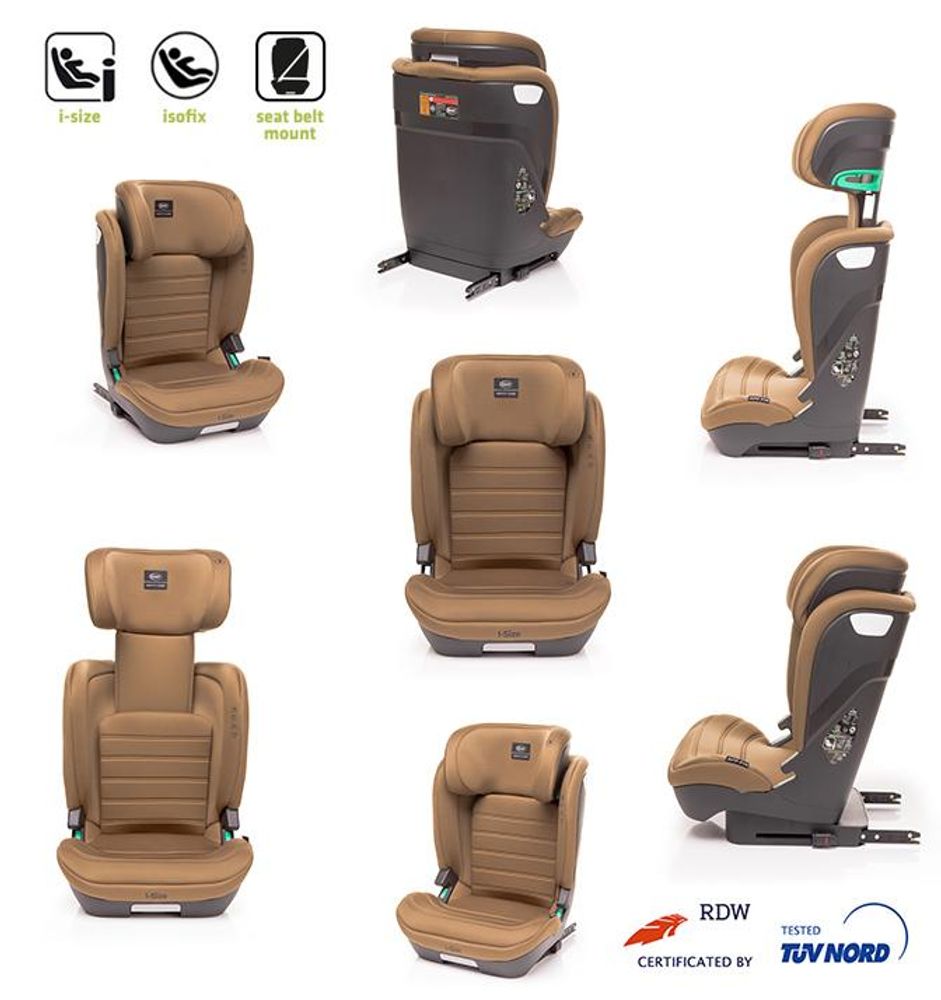 4Baby | Fotelik dziecięcy - App-Fix i-Size dla dzieci 100-150 cm, bezpieczny, komfortowy, regulowany, ISOFIX, 15-36 kg, mokka