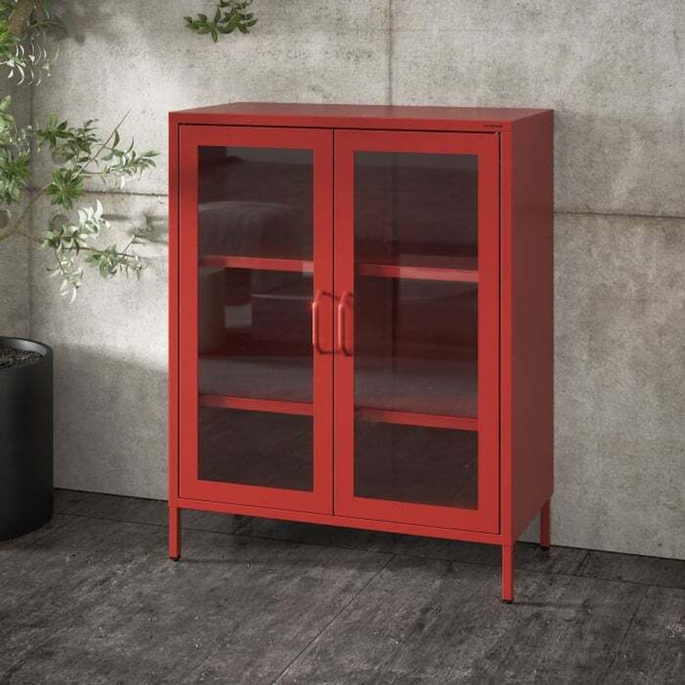 Jan Nowak kleiner Vitrinenschrank Kommode mit 2 Glastüren Gina 2 verstellbare Einlegeböden Standschrank aus Metall, 80 x 101,5 x 40 cm, Rot