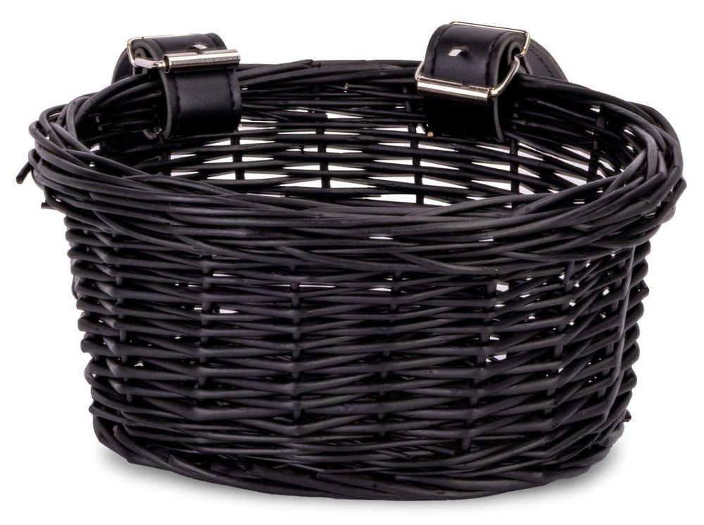 Cesta de mimbre negra con correas ajustables para manillar