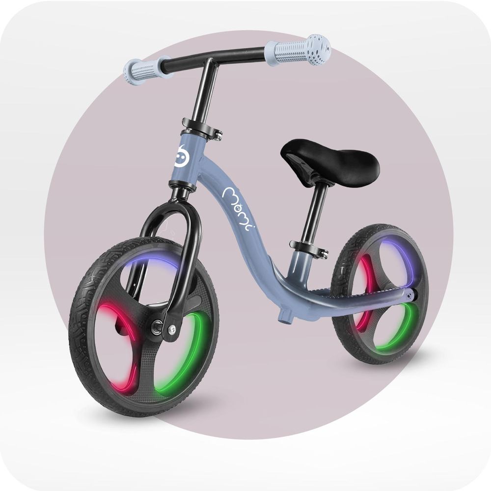 MoMi ISOKA – 10 Zoll Laufrad mit LED-Leuchten (Dynamo), höhenverstellbar ohne Werkzeug, mit Fußstütze, ab 2 Jahren, bis 35 kg – Blau