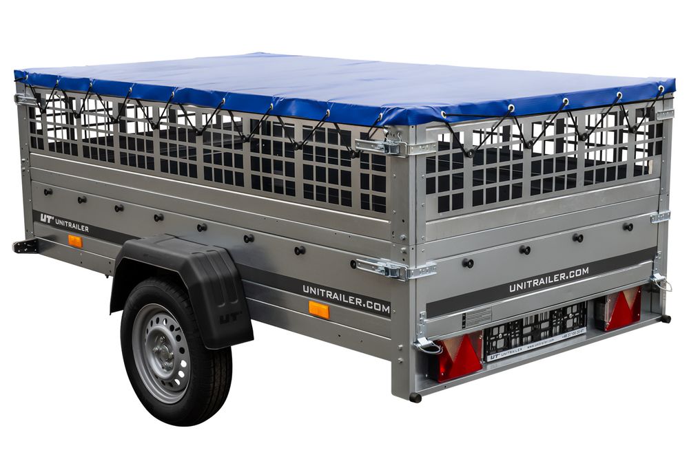 Pkw Transport Anhänger 230x125 Garden Trailer 230 KIPP mit Laubgitteraufsatz, blauer Flachplane, Planenträgern und Stützrad