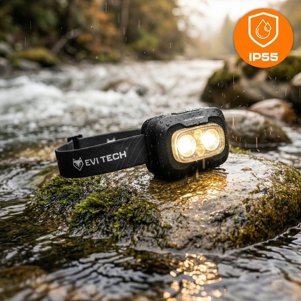 EVI TECH WaveBeam 300 LED Stirnlampe Schwarz Akku USB-C Bewegungssensor 300lm Wasserdicht IP55 Kopflampe mit Rotlicht Outdoor Laufen Camping