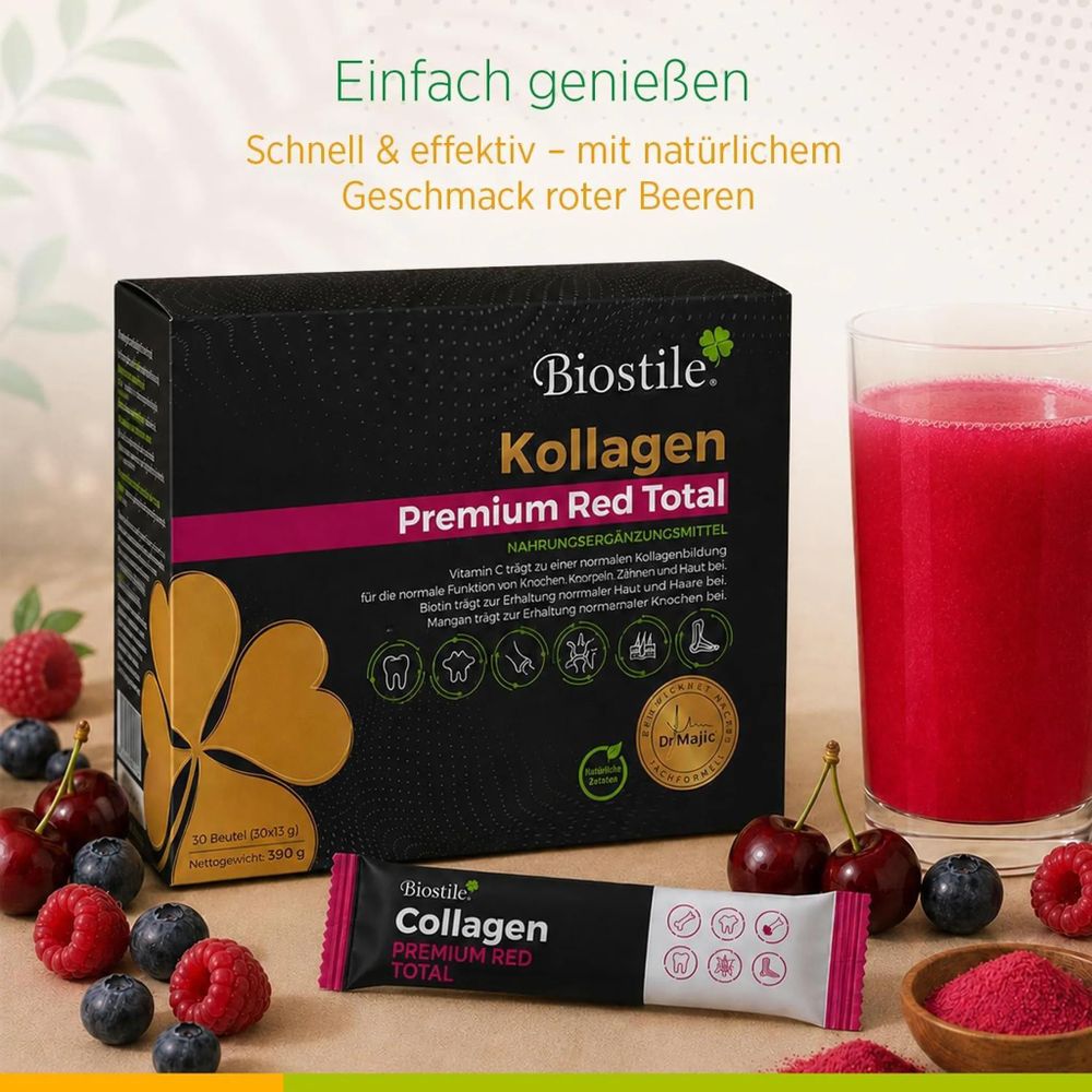 Biostile Collagen Premium Red Total mit Portionsbeutel, rotem Getränk und roten Beeren