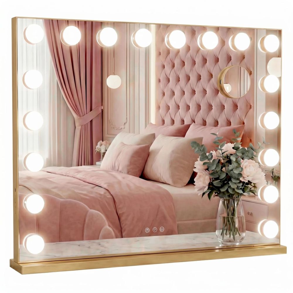 Gouden Hollywood make-up spiegel 58x48cm staand met 15 LED-verlichting, instelbare lichtkleur,