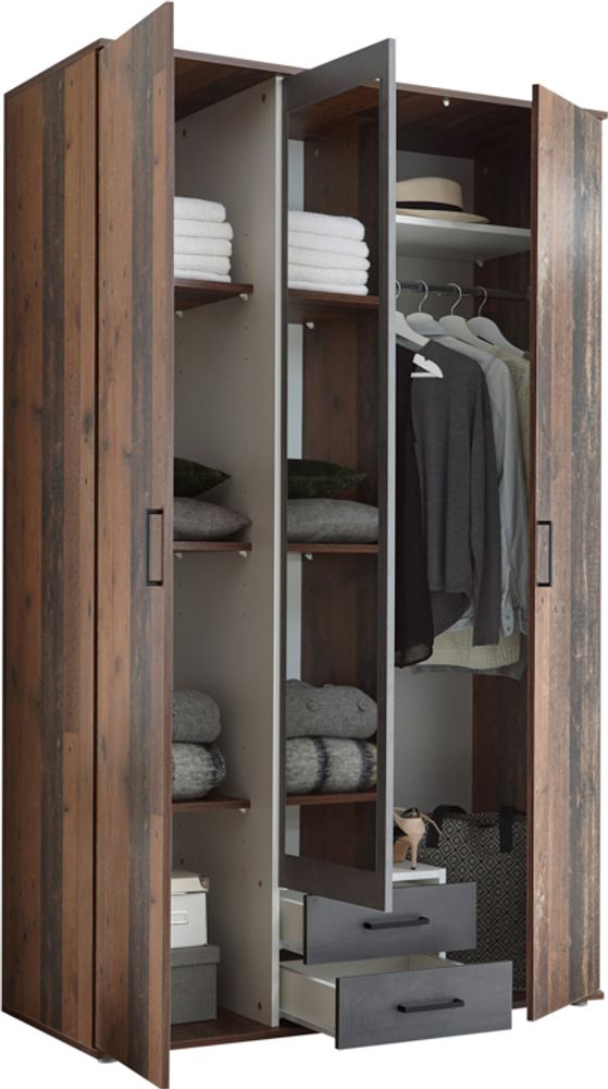 Kleiderschrank Ellis 120cm mit 3 Türen 2 Schubladen und Spiegel - alter Stil/Beton
