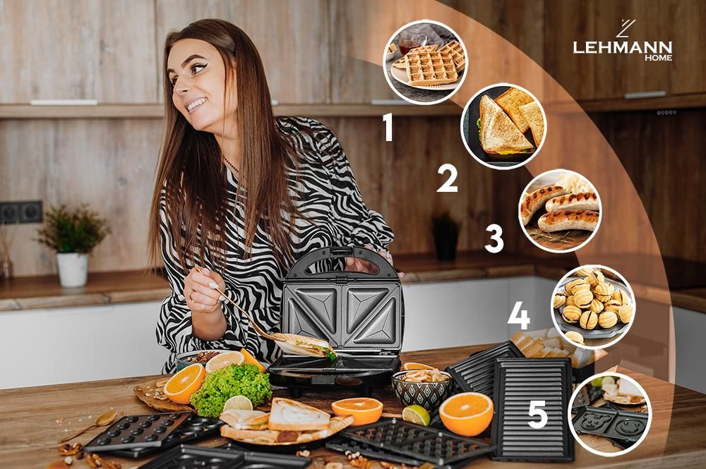 LEHMANN 5 en 1 Appareil à sandwich avec 5 différentes formes - Gaufrier, Grill, Panini, Sandwich et Mini-gâteaux - 800W