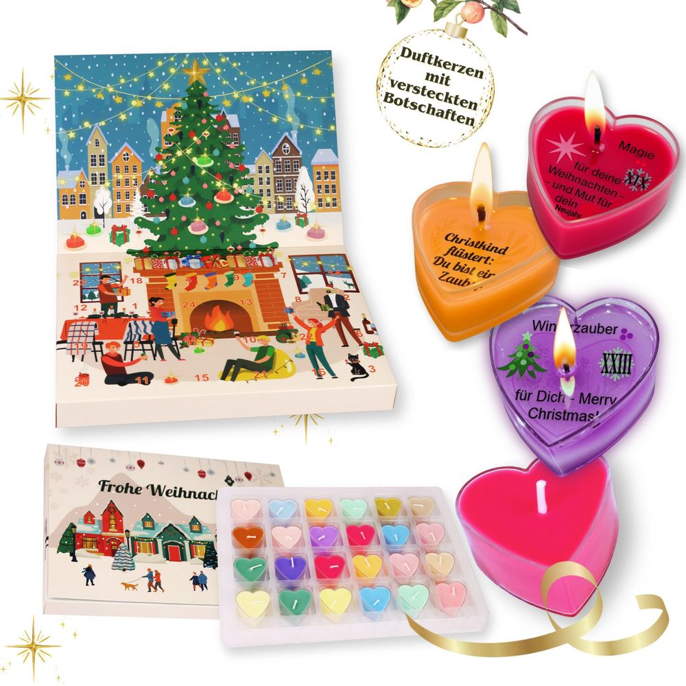 Adventskalender Duftkerzen – 24 Herz-Teelichter aus Sojawachs mit versteckten Botschaften, 24 Winterdüfte, Geschenkbox für Frauen, Brenndauer ca. 2-4h