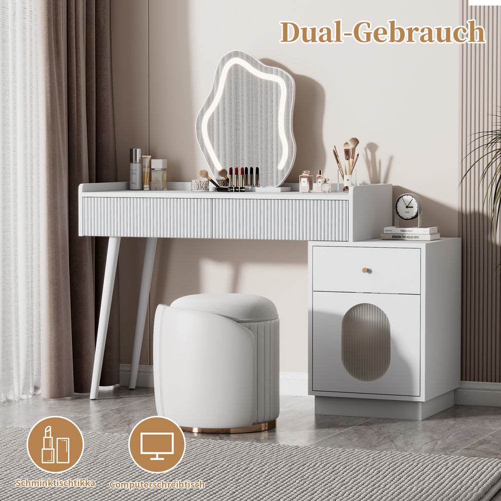 Abrihome Schminktisch mit LED Spiegel und Schrank, Frisiertisch mit 3 Schubladen (ohne Hocker)