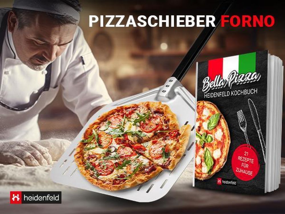 Pizzaschieber Forno 13 Zoll | Pizza Schaufel - Ofen - Back Zubehör - Pizzaschaufel - inkl. Rezepte - Edelstahl - Rostfrei - Verbrennungsschutz