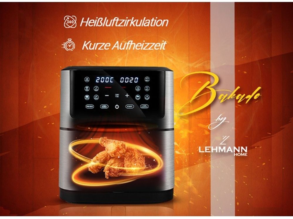 Lehmann XXL Heißluftfritteuse 8L mit Sichtfenster, 1800 W Airfryer mit 10 Programmen und Temperaturregelung, Timer, gesunde Lebensmittel ohne Öl