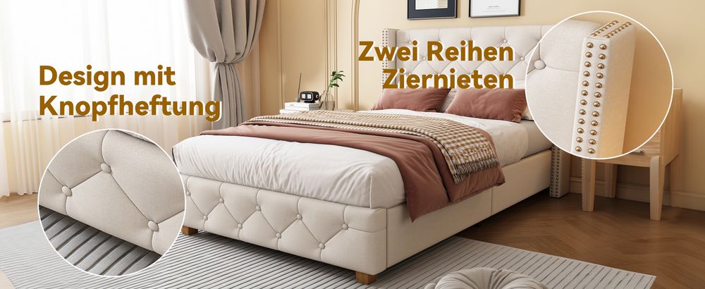 MODFU Polsterbett 90×200cm mit Lattenrost und Kopfteil, Einzelbett Jugendbett mit Holzbeine, Samt, Beige(Ohne Matratze)