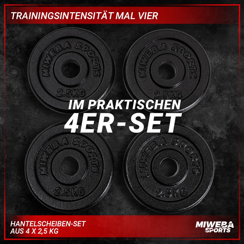 Miweba Sports Hantelscheiben Set | Gusseisen - Hantelgewichte - Gewichtsscheiben - Fitness Scheiben - Gewichte für Hantel - Ø30mm - Schwarz - 4x2,5 kg