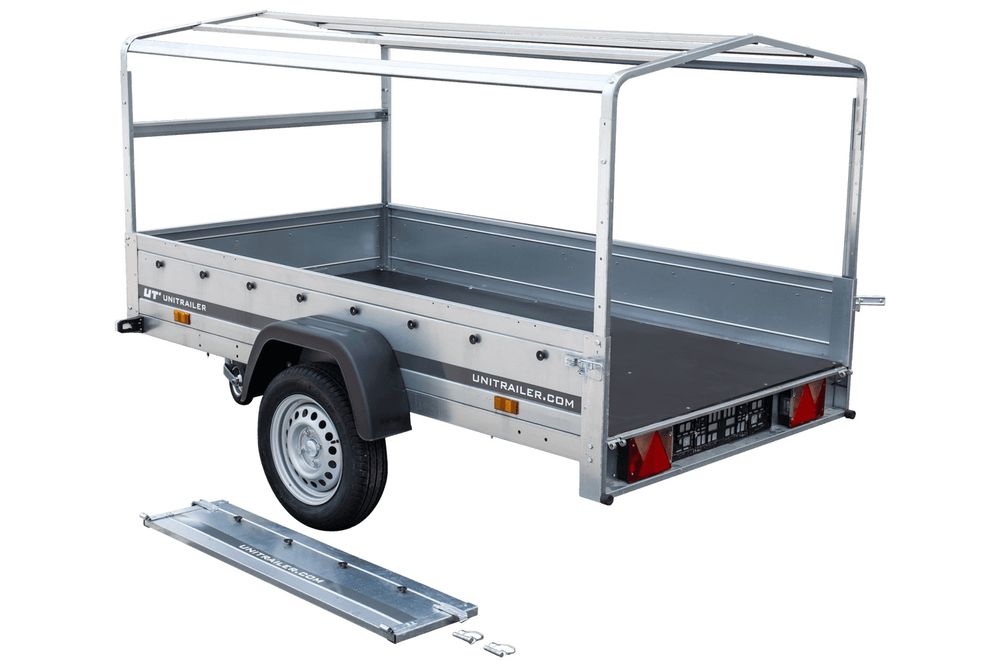 Auto Anhänger 230x125 Garden Trailer 230 KIPP Unitrailer 750 kg mit Stützrad, blauer Hochplane und Hochspriegel