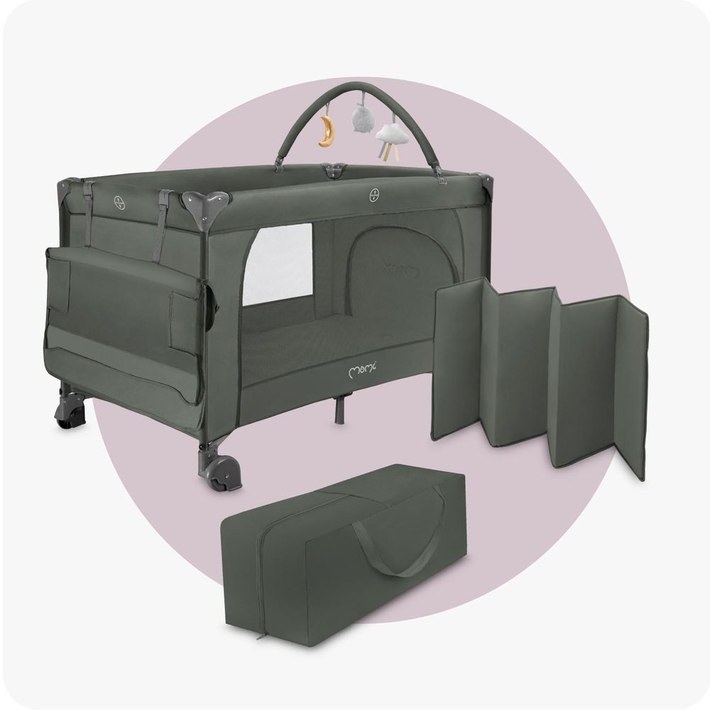 MoMi BELOVE PLUS – Babyreisebett mit Matratze, Spielbogen & Wickeltisch, 2 Ebenen, Zubehör inkl. – Dunkelgrün