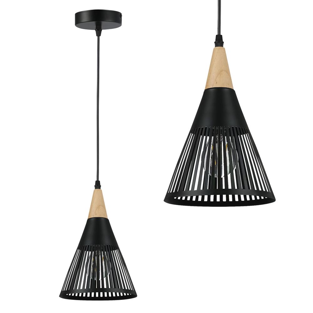 Hängelampe im Industriestil mit Metallkäfig und Holz-Akzent.