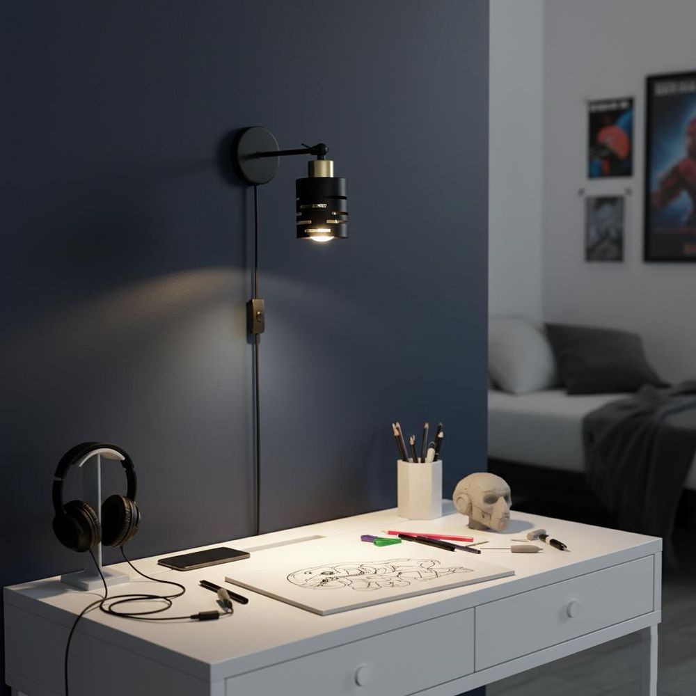 MasterLED Wandlampe E27 - Schwarz mit Gold - Schwenkbare Innenleuchte mit Stecker und Schalter - Modern und praktisch