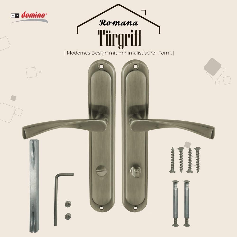 DOMINO Türgriff 78 Drückergarnitur WC - Badezimmer Set | Links & Rechts Türbeschlag für WC/Badezimmertüren | L-Form | Türbeschläge aus Aluminium | Bronze Türdrückergarnitur | ROMANA M3