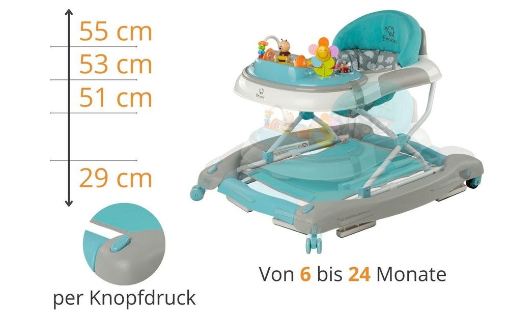 BRONEA® 4-in-1 Gehfrei Baby Lauflernwagen Schaukel Lauflernhilfe Babywalker mit Schaukelfunktion, Licht & Musik | Höhenverstellbar & Klappbar - Türkis
