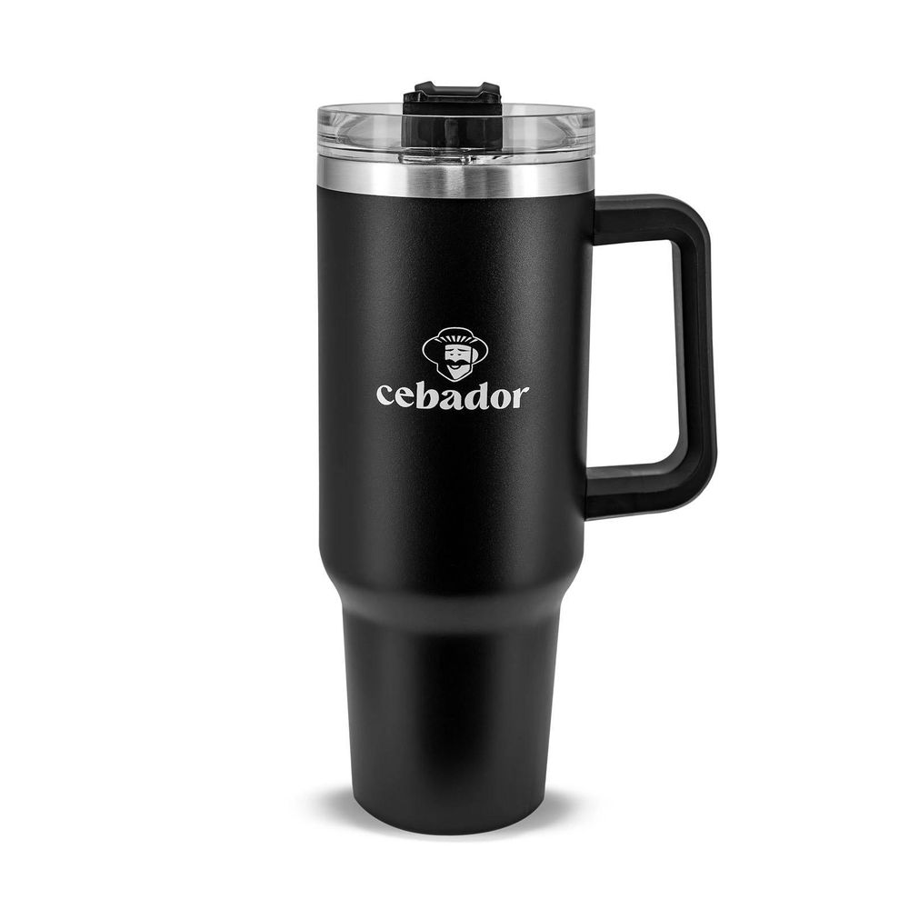 Cebador - Thermobecher mit Strohhalm Flow XXL 1200ml  –  Edelstahl Trinkbecher, Schwarz – Großer Kaffeebecher für Auto, Büro, Alltag