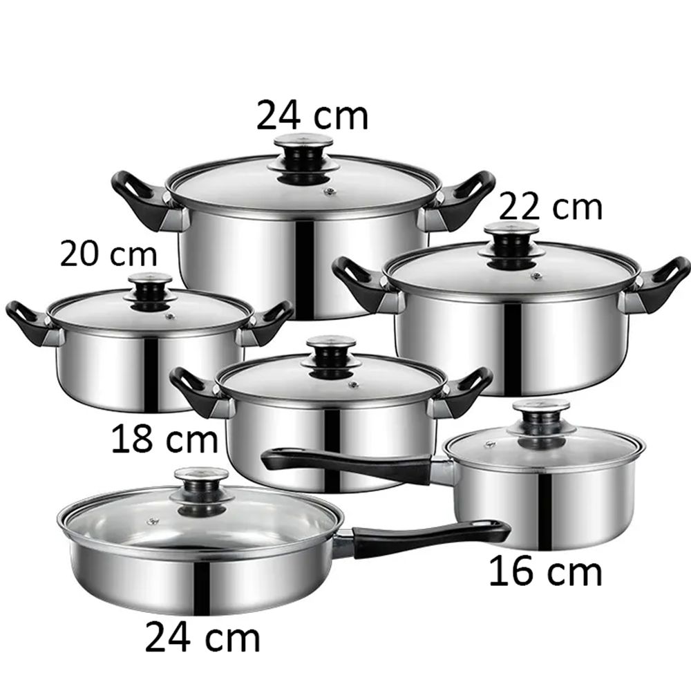Topfset 12-teilig Edelstahl Kochgeschirr Kochtopfset Kochtöpfe Kochtopf-Set Töpfe Glasdeckel Durchmesser 16 18 20 21.8 24cm Silber Retoo