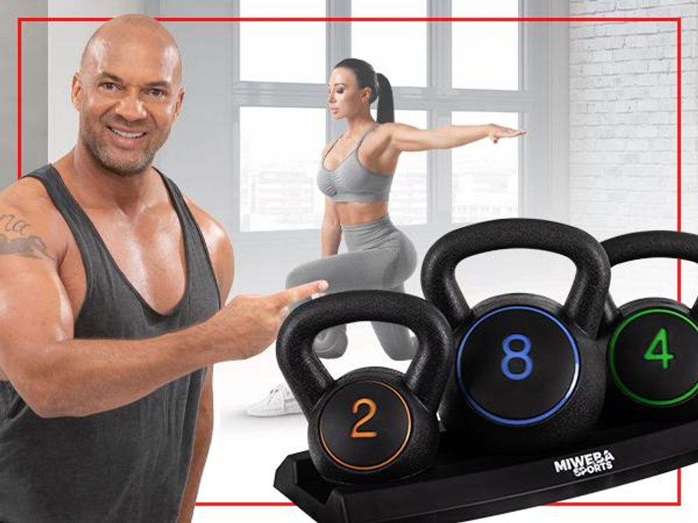 Miweba Sports Kettlebell-Set | 3-er Set - mit Ablage - 2kg, 4kg, 8kg - Ganzkörper-Workout - Schwunghantel - Widerstandsfähig - Kugelgewicht - Hantel