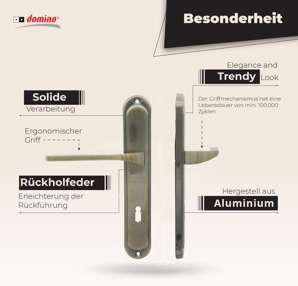 DOMINO Türgriff 72 Drückergarnitur BB-Buntbart Set | Tür-klinke für Zimmertür, Bürotür, Kellertür & Innentür | L-Form | Aluminium | Bronze | TIPO M3 |