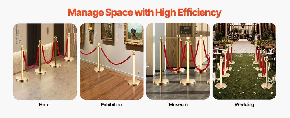 VEVOR Absperrsäulen (8 Stück) (1,5 m Länge), Absperrsäulen aus Edelstahl mit nachfüllbarem Sockel, für Ausstellungen, Gold