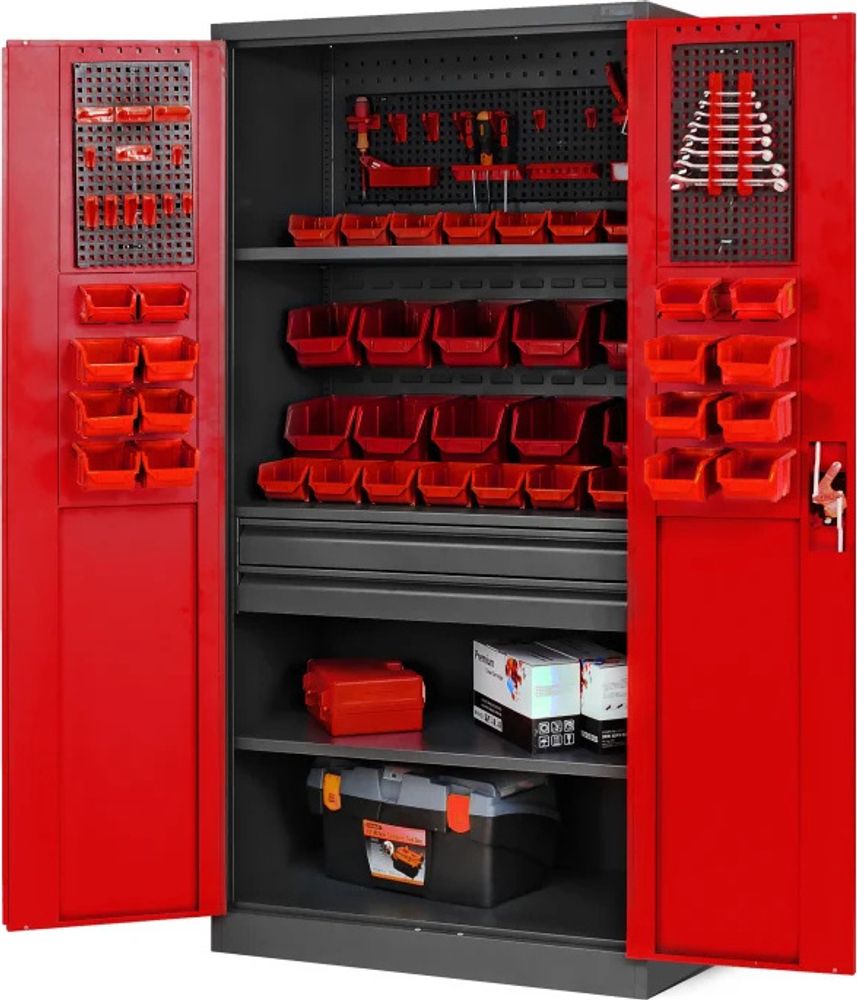 Werkzeugschrank Werkstattschrank mit Schubladen Flügeltüren 3 Fachböden Pulverbeschichtung 185 cm x 92 cm x 50 cm, Farbe: Anthrazit-rot