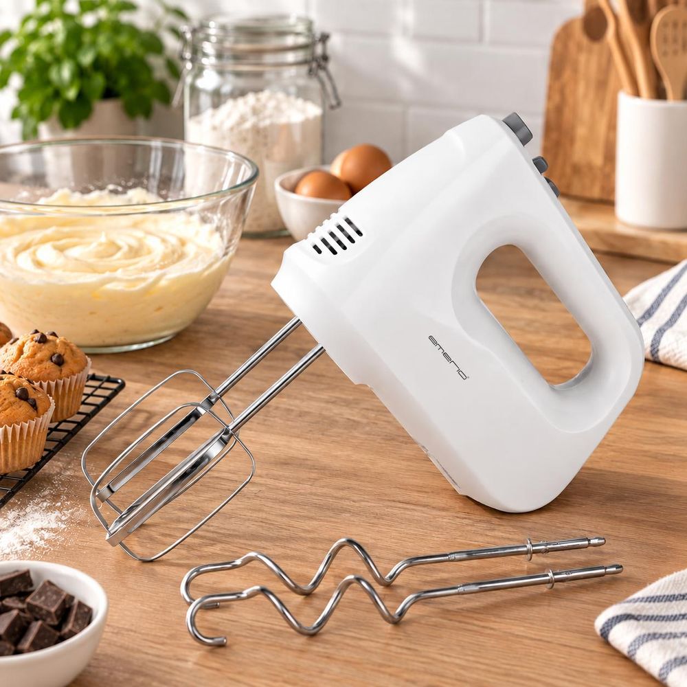 Weißer Emerio Handmixer mit Rührbesen und Knethaken neben Teig und Backzutaten.
