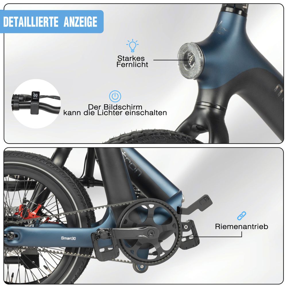 Maxtron Smart 30 Elektrofahrrad klappbar, 20 Zoll, 36V 9,6Ah Samsung Akku, Riemenantrieb, 250W, bis zu 60km, Bluetooth Display, IPX5, 25 km/h, Unisex