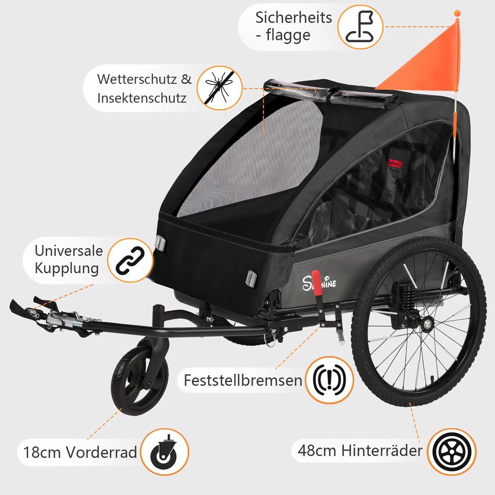 BT920 2‑in‑1 Kinder‑Fahrradanhänger, Aluminium‑Rahmen, 40 kg Tragfähigkeit, für 1‑2 Kinder, Maße: 75 × 28 × 71 cm,Schwarz