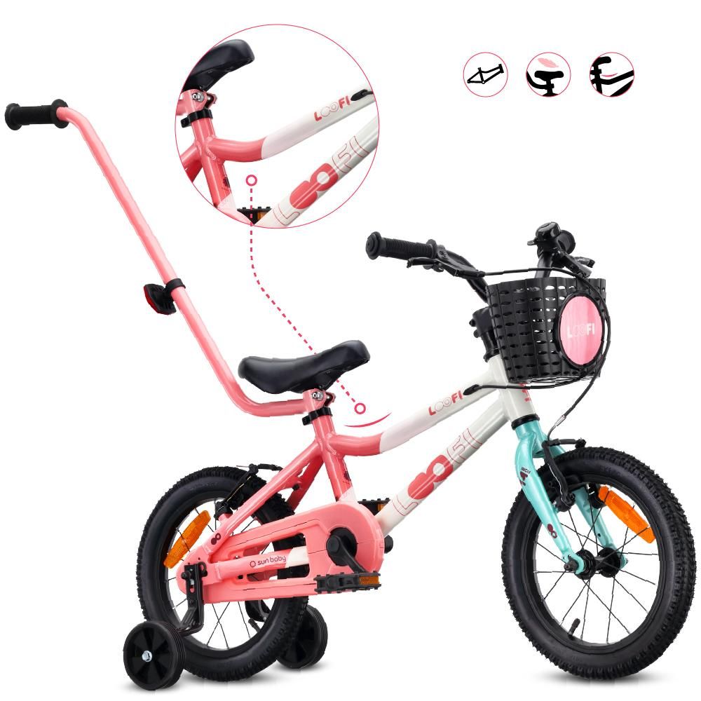 SUN BABY LOOFI Kinderfahrrad 14 Zoll, leichtes Aluminium Fahrrad 6,6 kg für Kinder ab 3 Jahre, mit Stützrädern, Korb, Klingel, Mädchen