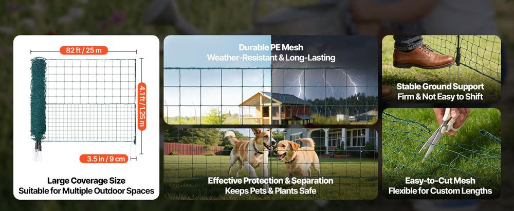 VEVOR Temporäres Zaun mit Pfosten, 0,9 x 50 m Kunststoffnetz-Zaun, Gartensicherheitszaun mit Doppelspitzpfählen & Abspannseilen, Temporärer Zaun für Hunde, Hühner, Pflanzen, Außenbereiche, 25x1.25 m